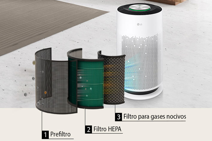 En la parte superior del purificador de aire, se libera el aire y se muestran burbujas que representan iones +/-.