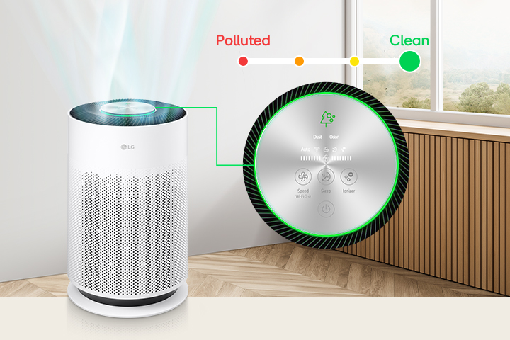 La parte frontal del purificador de aire es visible y hay un indicador LED ampliado situado a la derecha. Por encima del indicador, se ve una línea que describe el estado del aire. La ventana muestra aire malo y el indicador LED muestra una luz roja. Este es un vídeo que muestra la situación en la que el purificador de aire funciona, purifica el aire, cambia de naranja a amarillo y verde, y el aire de la casa se vuelve limpio.