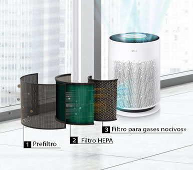 Hay un purificador de aire PuriCare con flujo de aire delante de la ventana, y se ven tres filtros filtrando el polvo delante de él.    