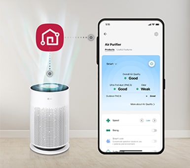El flujo de aire sale del purificador de aire PuriCare a la izquierda, y el logotipo de LG ThinQ es visible en la parte superior, y la pantalla de la aplicación LG ThinQ a la derecha está vinculada al teléfono móvil.    