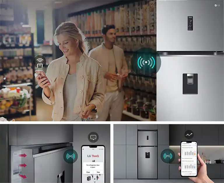 Imagen de refrigeradora inteligencte con conexión a un smartphone donde una mujer y un hombre utilizan aplicacion