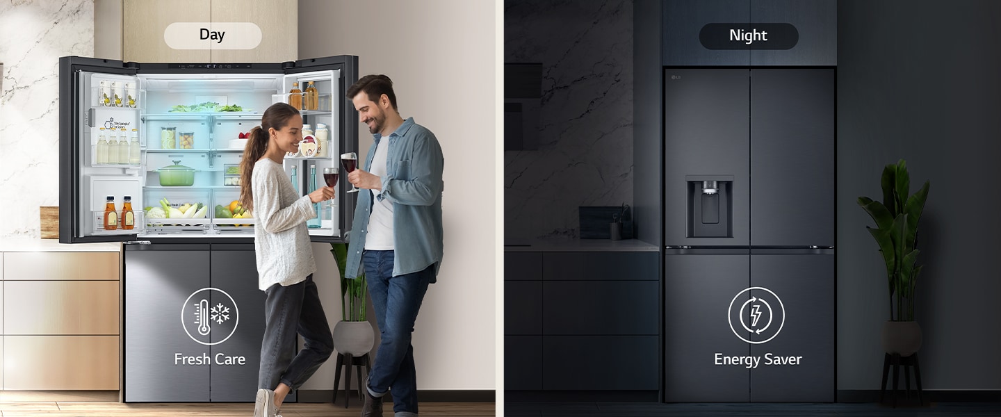 A la izquierda, pareja con vasos frente a un refrigerador abierto que libera aire frío azul; a la derecha, el refrigerador de noche con ícono de ahorro de energía.