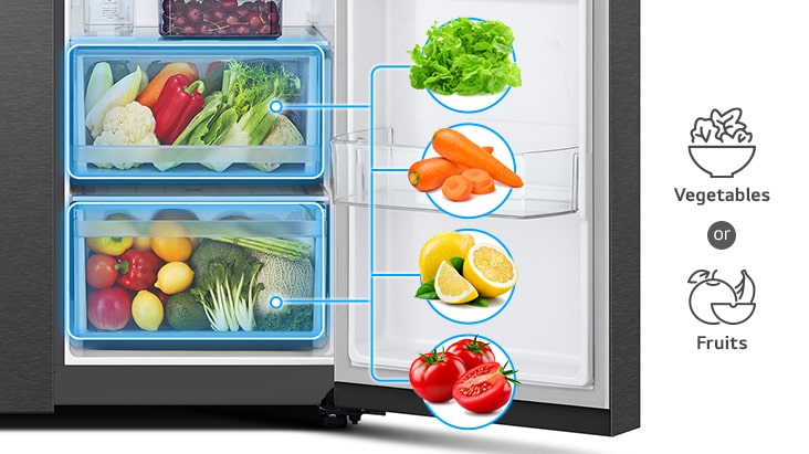 2 bandejas de la parte inferior de refrigerador pueden almacenar aproximadamente 2 tipos de alimentos: verduras y frutas.