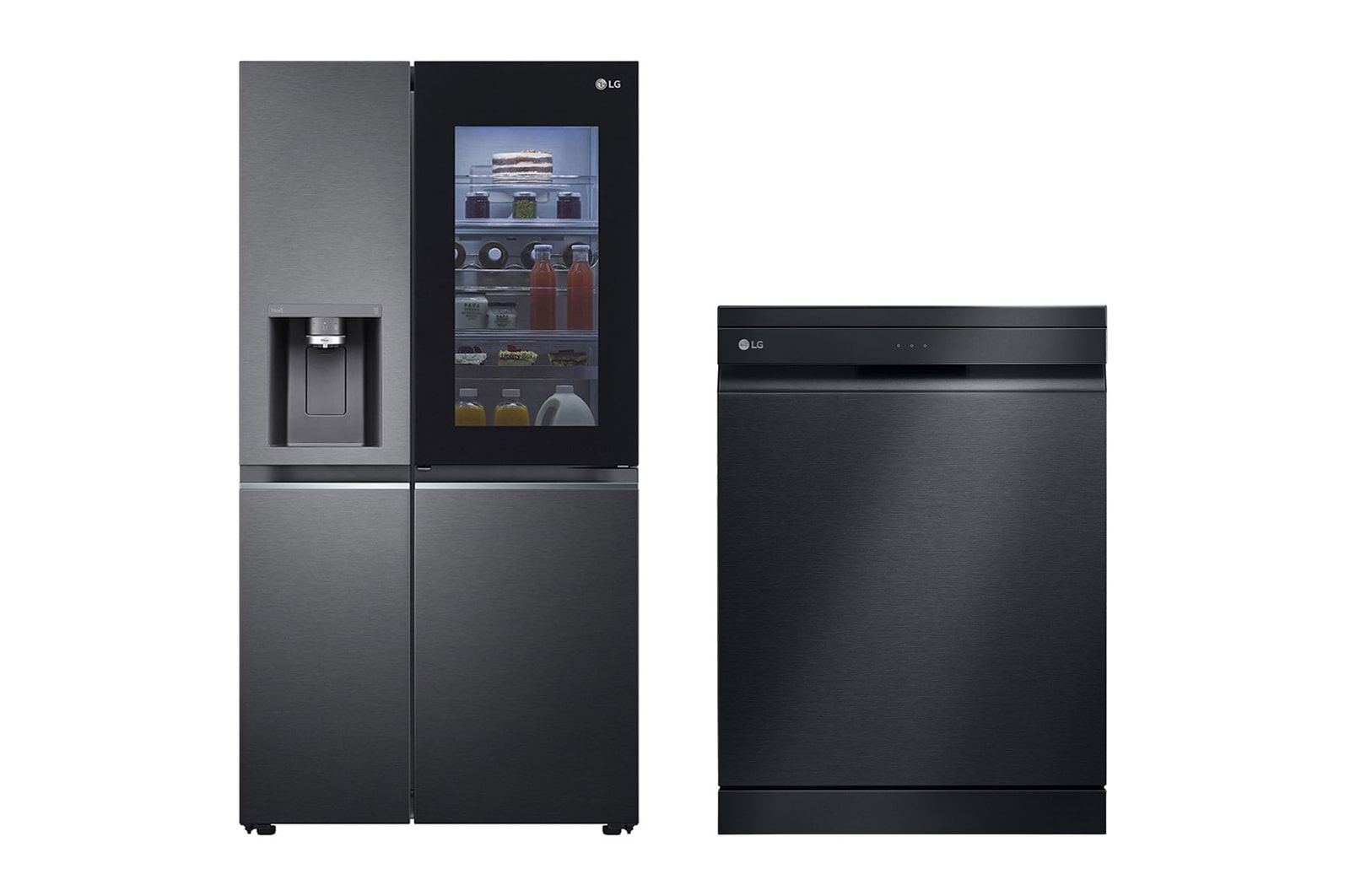 Vista frontal de Refrigerador Side by Side 598L con InstaView™ + Lavavajillas 14 cubiertos con QuadWash™ y AOD GS66SXTC.DF455