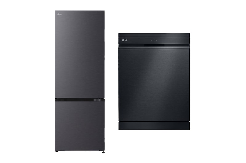 Vista frontal de Refrigerador Bottom Freezer 335L con ThinQ + Lavavajillas 14 cubiertos con QuadWash™ y AOD GB34BPM.DF455