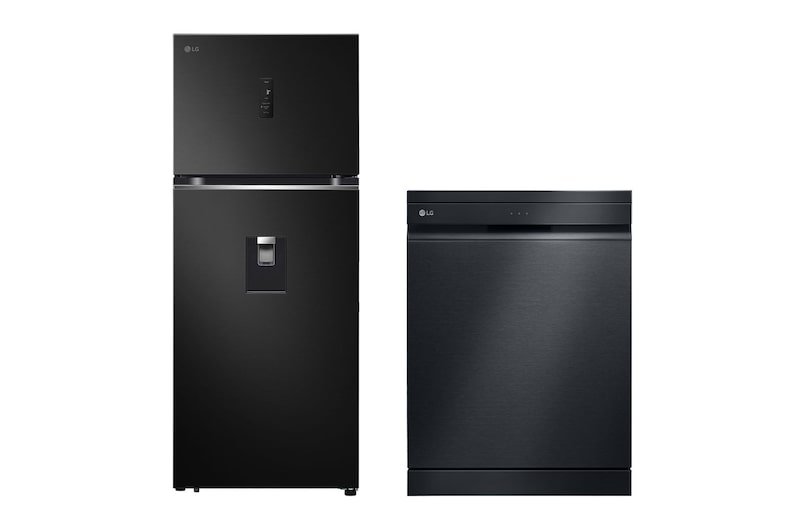 Vista frontal de Refrigerador Top Freezer de 383L con ThinQ™ + Lavavajillas 14 cubiertos con QuadWash™ y AOD VT40APD.DF455