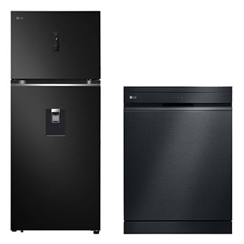 Vista frontal de Refrigerador Top Freezer de 383L con ThinQ™ + Lavavajillas 14 cubiertos con QuadWash™ y AOD VT40APD.DF455