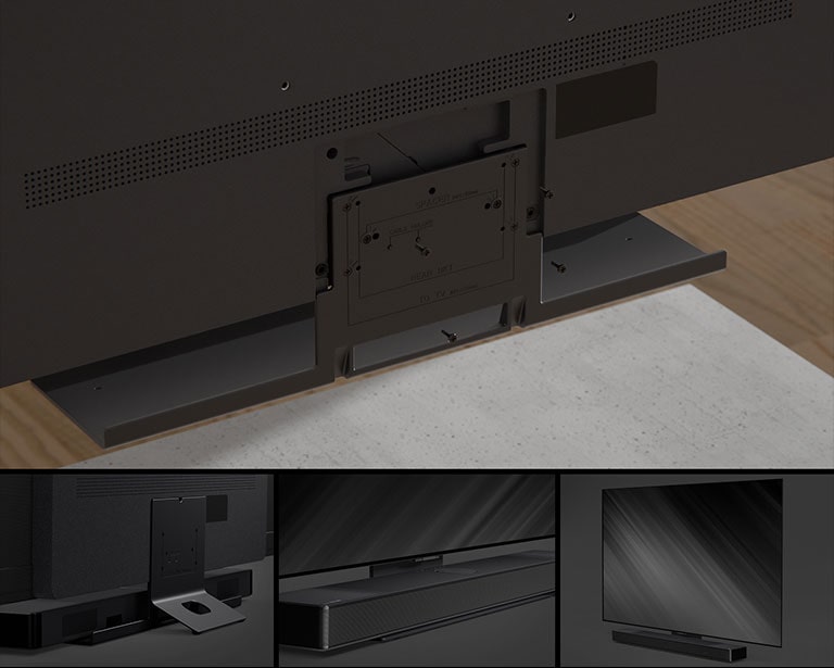 Un clip de video de lo anterior está disponible. A continuación, se muestran 3 imágenes con filtro gris, un soporte ajustable, un soporte de pie y un televisor montado en la pared desde la izquierda.