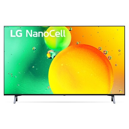 Vista frontal del televisor LG NanoCell con una imagen de relleno y el logotipo del producto