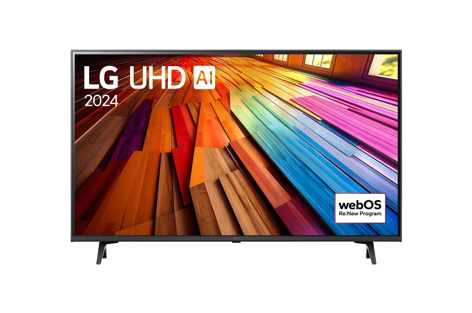 Front view of LG UHD TV, UT80 with text of LG UHD AI, 2024, and webOS Re:New Program logo on screen
