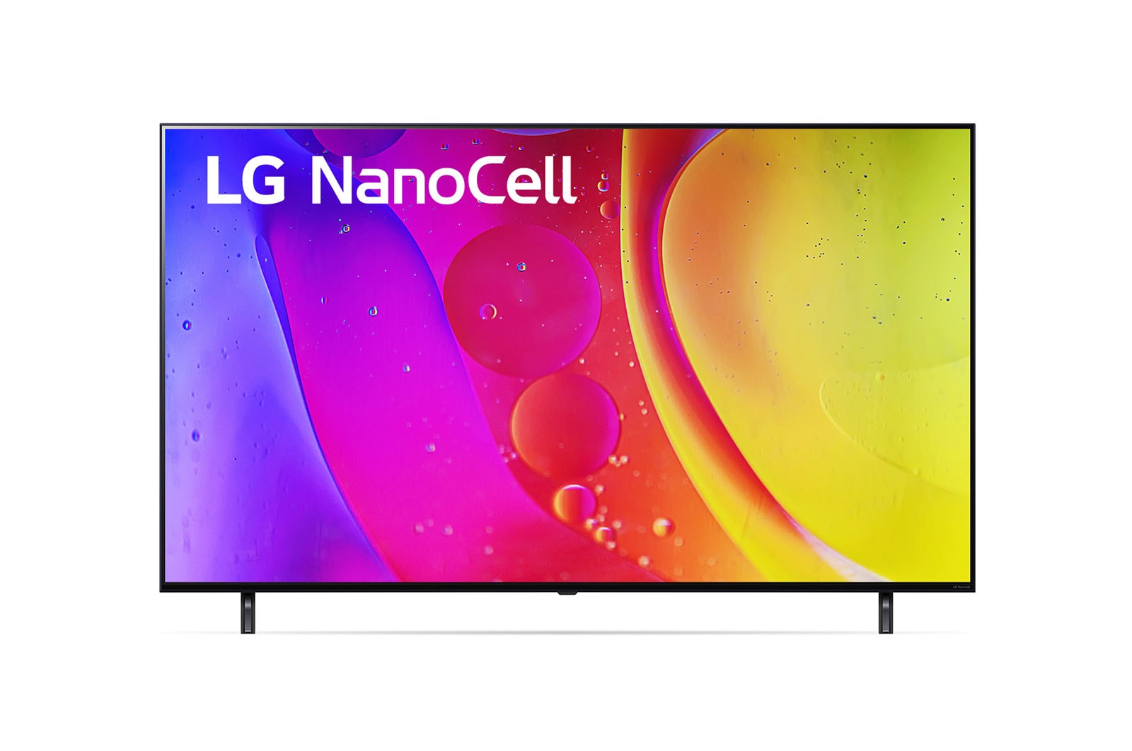 Vista frontal del televisor LG NanoCell con una imagen de relleno y el logotipo del producto
