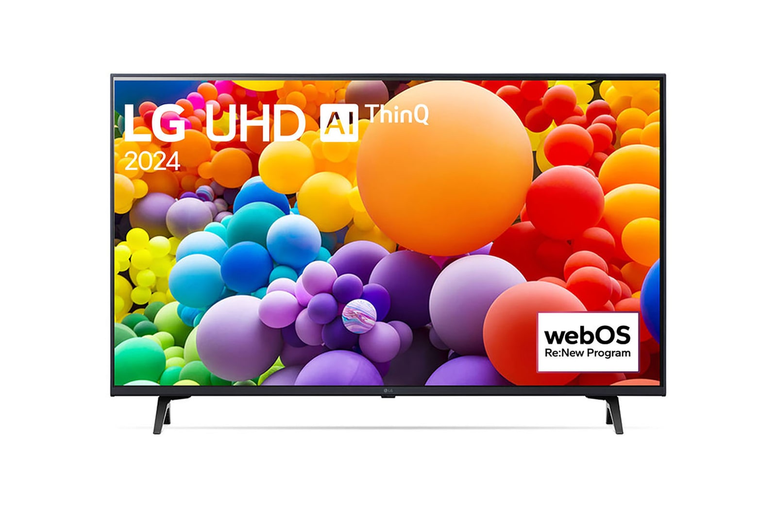 Front view of LG UHD TV, UT73 with text of LG UHD AI ThinQ, 2024, 