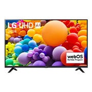 Front view of LG UHD TV, UT73 with text of LG UHD AI ThinQ, 2024, 