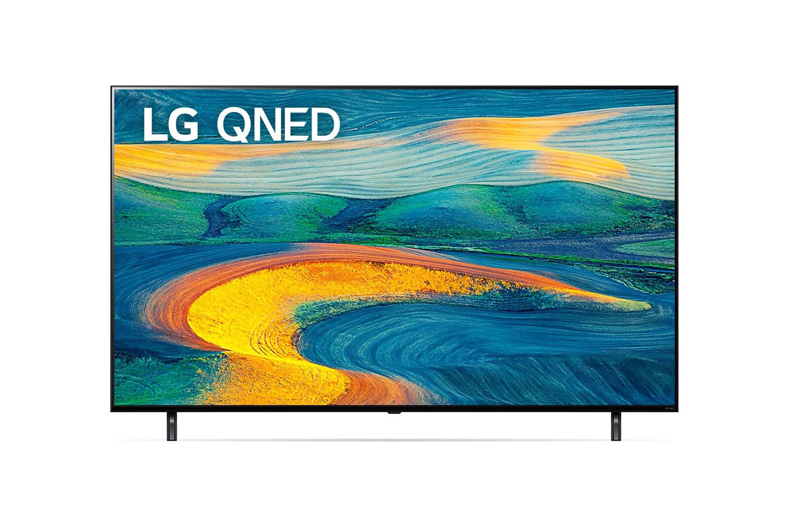 Vista frontal del televisor LG Full HD con una imagen de relleno y el logotipo del producto