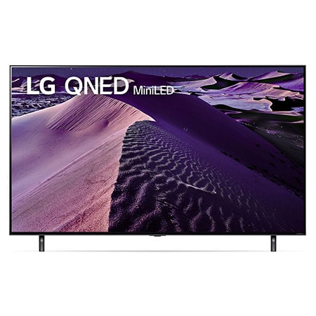 Una vista frontal del televisor LG QNED con una imagen de relleno y el logotipo del producto en