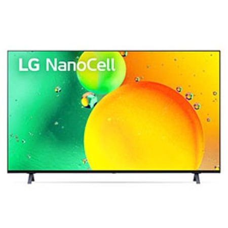 Vista frontal del televisor LG NanoCell con una imagen de relleno y el logotipo del producto