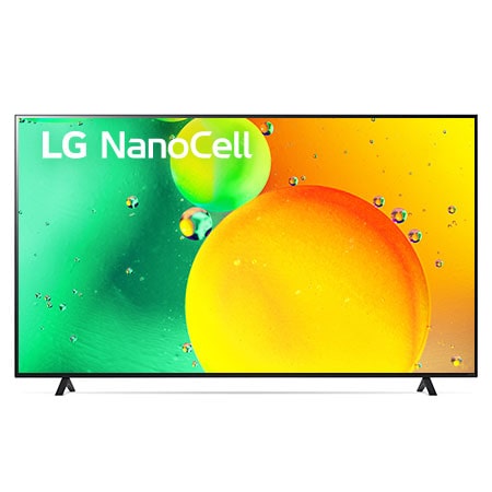 Vista frontal del televisor LG NanoCell con una imagen de relleno y el logotipo del producto