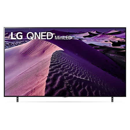 Una vista frontal del televisor LG QNED con una imagen de relleno y el logotipo del producto en