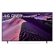 Una vista frontal del televisor LG QNED con una imagen de relleno y el logotipo del producto en