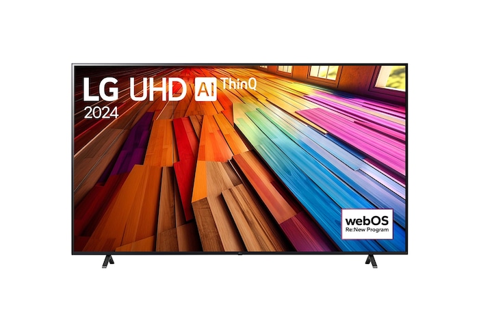 Vista frontal del televisor LG UHD, UT80 con el texto de LG UHD AI ThinQ, 2024, y el logotipo de webOS Re: Nuevo Programa en pantalla.