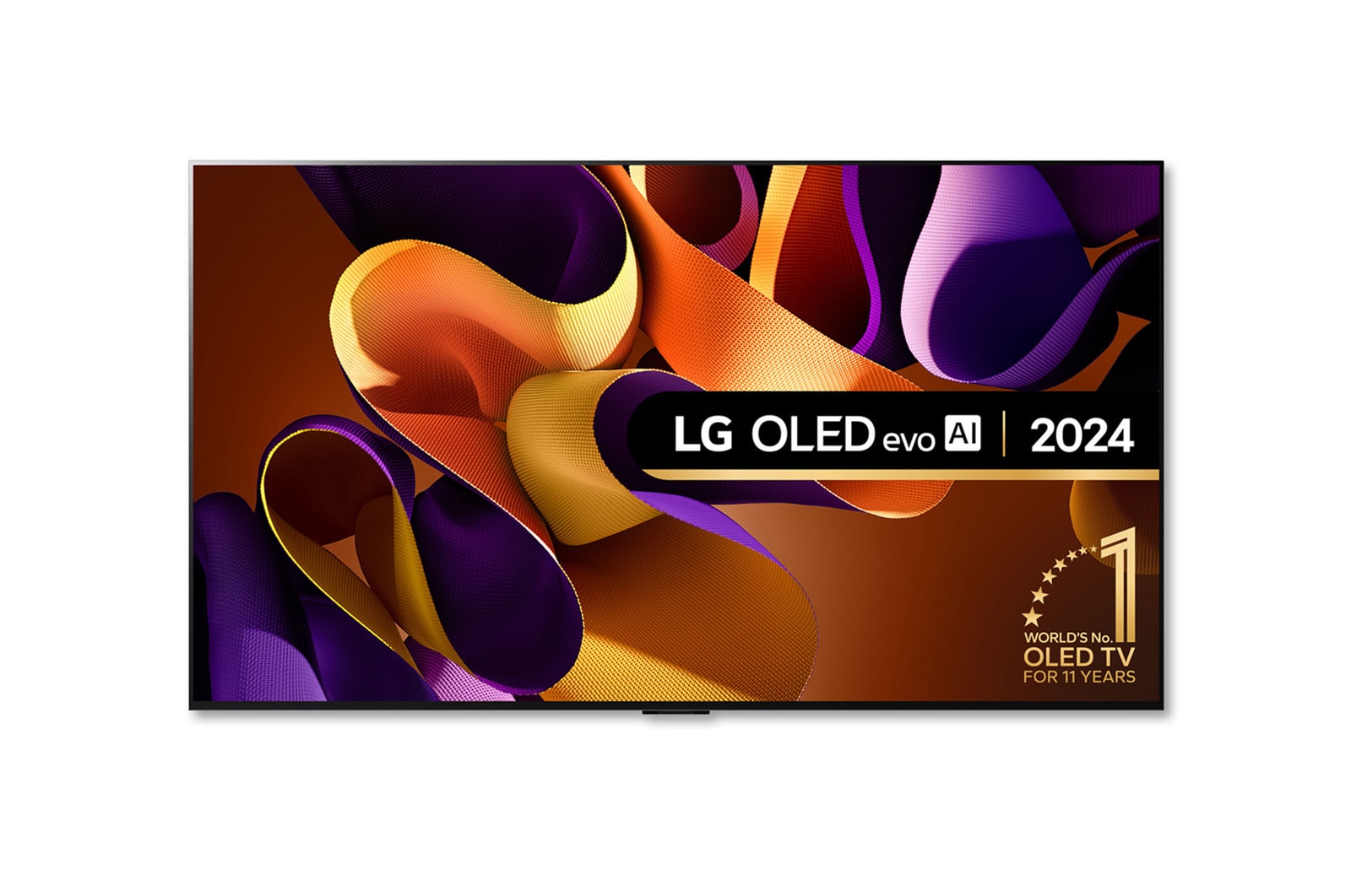 Front view with LG OLED evo TV, OLED G4, 11 Years of world number 1 OLED Emblem, and 5-Year Panel Warranty logo on screen