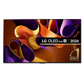 Front view with LG OLED evo TV, OLED G4, 11 Years of world number 1 OLED Emblem, and 5-Year Panel Warranty logo on screen