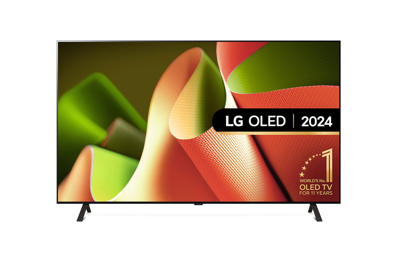 Front view with LG OLED TV, OLED B4, 11 Years of world number 1 OLED Emblem and webOS Re:New Program logo on screen with 2-pole stand