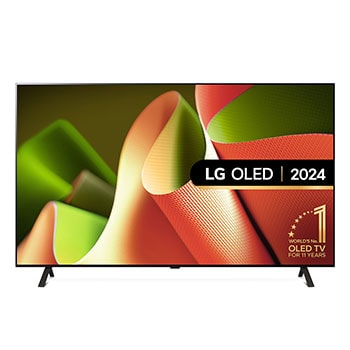Front view with LG OLED TV, OLED B4, 11 Years of world number 1 OLED Emblem and webOS Re:New Program logo on screen with 2-pole stand