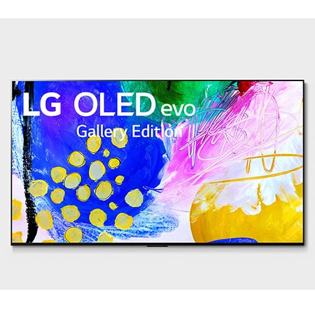 Vista frontal del televisor LG OLED con una imagen de relleno y el logotipo del producto