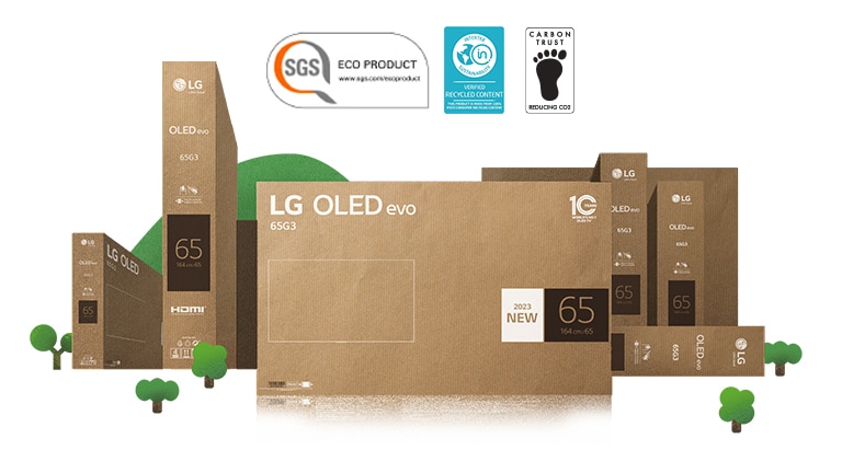 Empaque de cartón ecológico LG OLED representado alrededor de árboles y montañas.