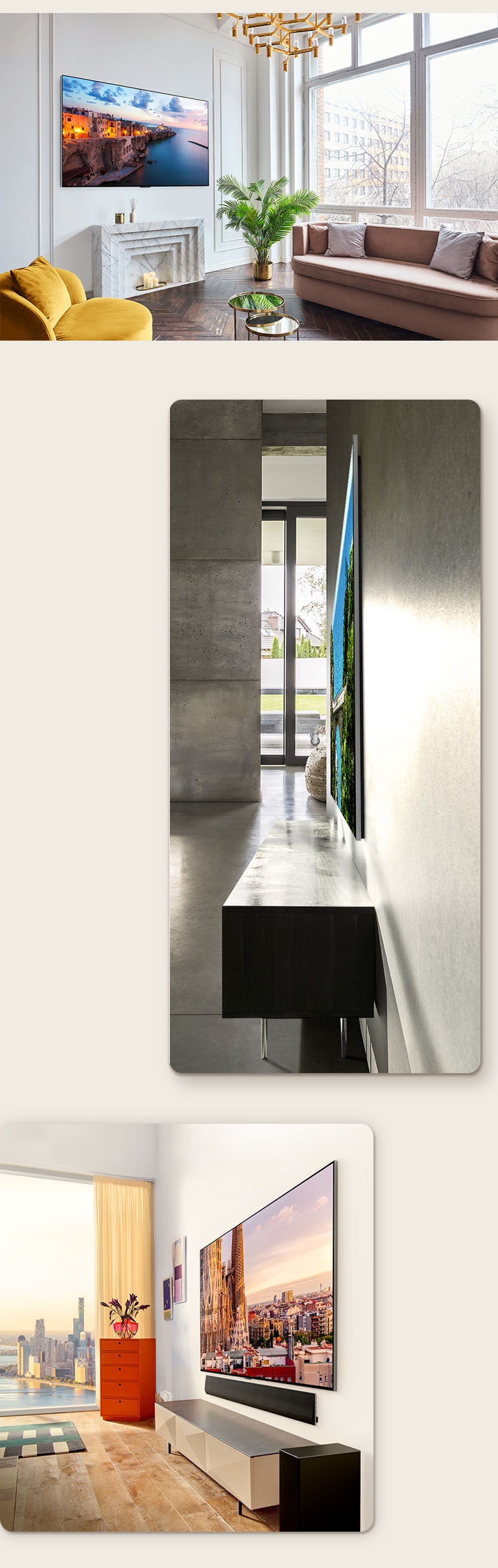 Una imagen del LG OLED G3 en la pared de una habitación decorada mostrando su diseño "Una pared". Una vista lateral de las dimensiones increíblemente delgadas del LG OLED G3. Una vista angular de LG OLED G3 en la pared de un apartamento con vista a la ciudad con una barra de sonido debajo.