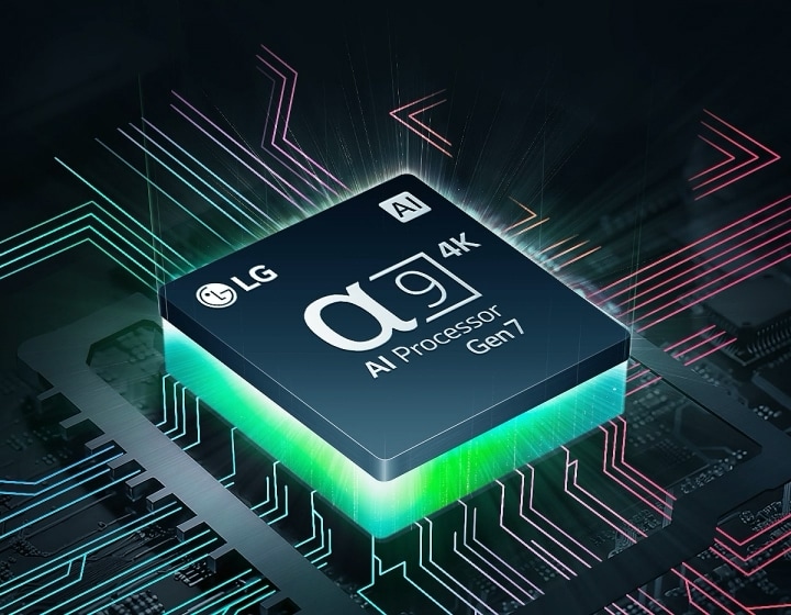 El procesador AI Alpha 9 Gen7 de LG apenas visible en medio de la oscuridad. El procesador AI se ilumina en verde y de él salen rayos de luz de colores. Aparecen más tornillos a lo largo de la placa base, se extienden más y aparecen puntos blancos como estrellas, creando la impresión de una escena intergaláctica.