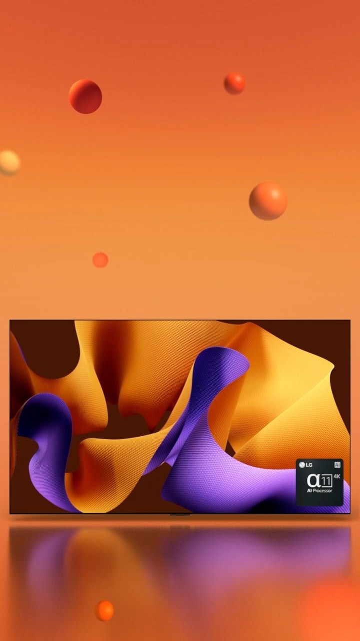 LG OLED G4 orientado 45 grados a la derecha con una obra de arte abstracta violeta y naranja en la pantalla sobre un fondo naranja con esferas 3D, luego el televisor OLED gira para mirar hacia el frente. En la parte inferior derecha hay un logotipo del procesador LG alpha 11 AI.