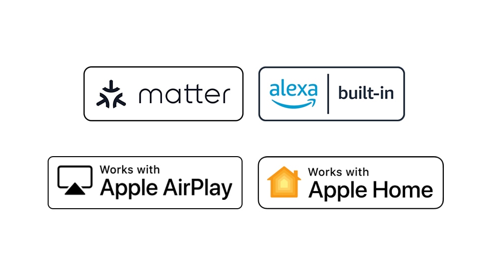 "Logotipo de hey google Logotipo de alexa integrada Logotipo de funciona con Apple AirPlay Logotipo de funciona con Apple Home"