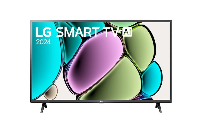 Vista frontal de LG FHD TV, LR60 con texto de LG SMART TV AI y 2024 en pantalla con soporte de 2 polos