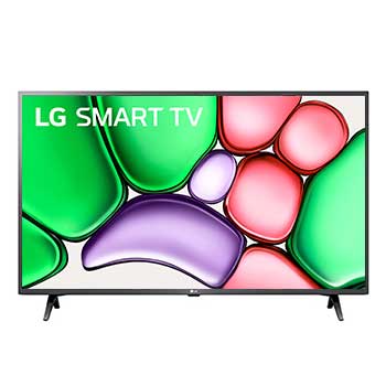 Vista frontal de LG FHD TV, LR60 con texto de LG SMART TV AI y 2024 en pantalla con soporte de 2 polos