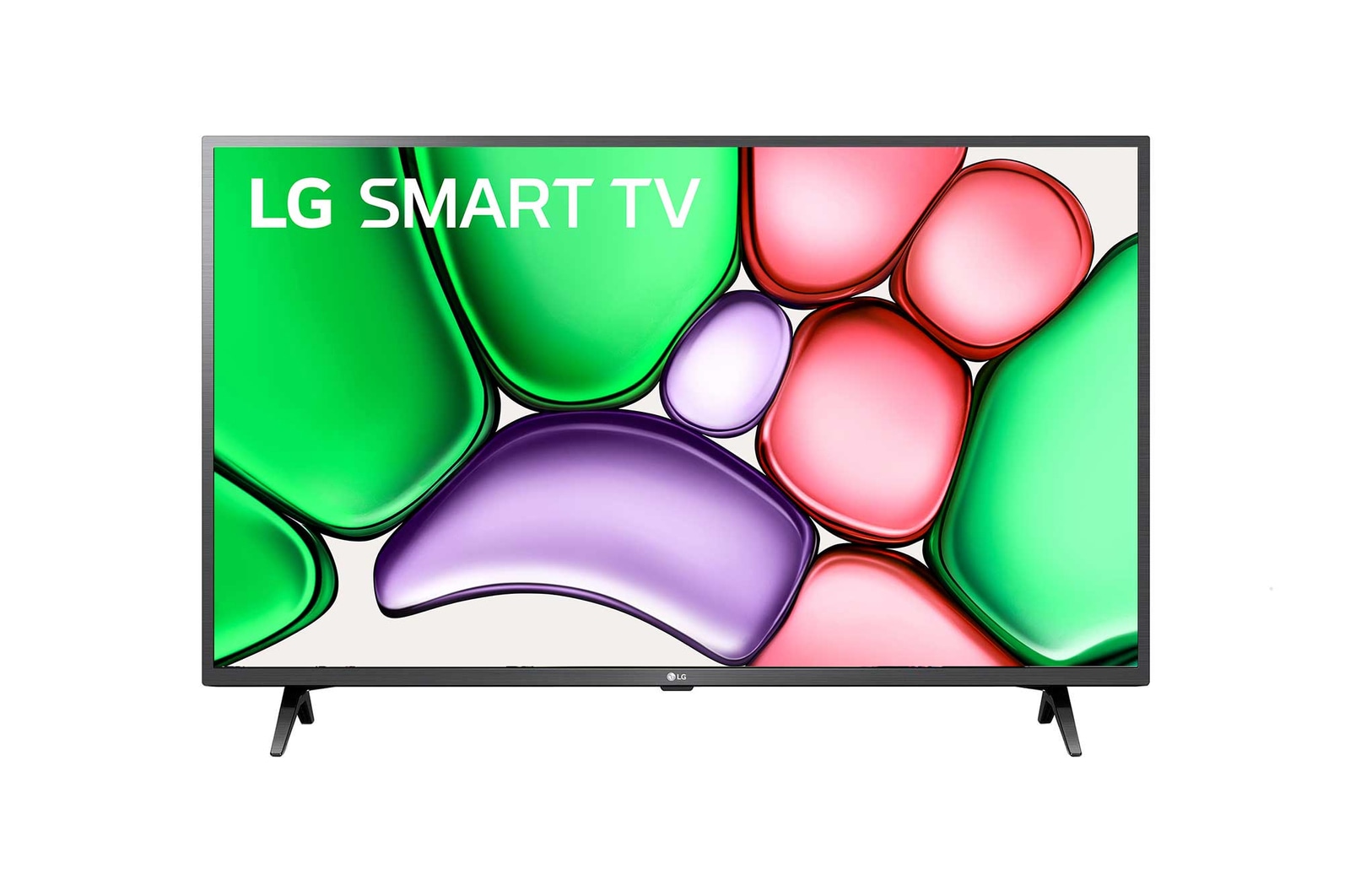 Vista frontal de LG FHD TV, LR60 con texto de LG SMART TV AI y 2024 en pantalla con soporte de 2 polos