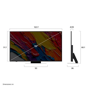 Vista de frente y lateral de la Smart TV LG QNED83 AI 4K en la que se ven sus dimensiones de longitud, ancho, altura y profundidad.