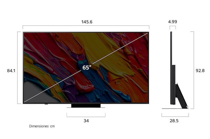 Vista de frente y lateral de la Smart TV LG QNED83 AI 4K en la que se ven sus dimensiones de longitud, ancho, altura y profundidad.