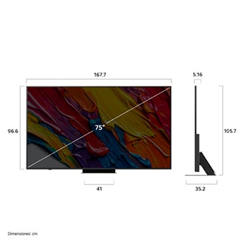 Vista de frente y lateral de la Smart TV LG QNED83 AI 4K en la que se ven sus dimensiones de longitud, ancho, altura y profundidad.