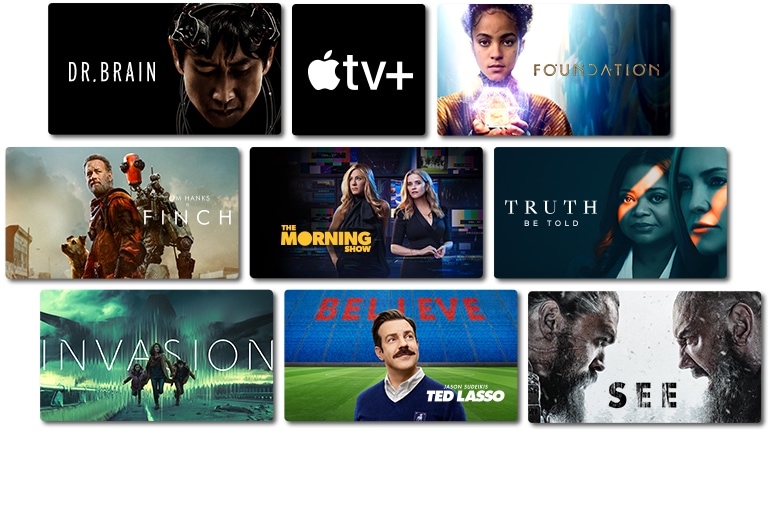 A la izquierda, el hombre contra un fondo negro. Una niña sostiene un logotipo de cristal de Apple TV+. Un hombre y un robot están parados en el medio de la nada. Hay una mujer en la casa. Dos mujeres están paradas una junto a la otra. Una madre y sus dos hijos corren. Un hombre mira hacia el cielo. Dos hombres están parados uno frente al otro.