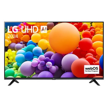 Front view of LG UHD TV, UT73 with text of LG UHD AI ThinQ, 2024, 