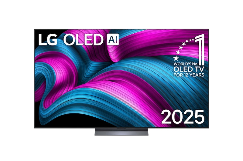 Vista de frente de la Smart TV LG OLED AI C5E 4K. El emblema de OLED de ser el n.º 1 del mundo durante 12 años y el logotipo de LG OLED AI 2025 aparecen en la pantalla.