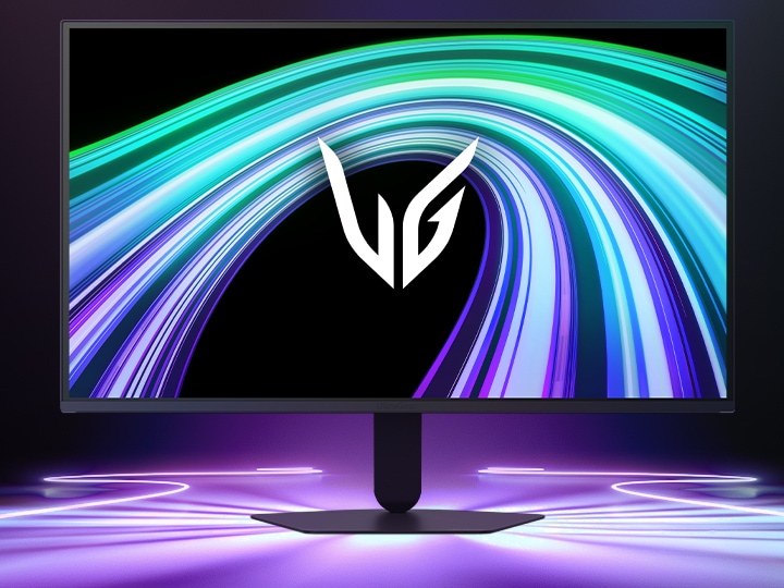 Imagen frontal del monitor para juegos UltraGear™ 27G523B en una sala futurista iluminada con luces de neón.