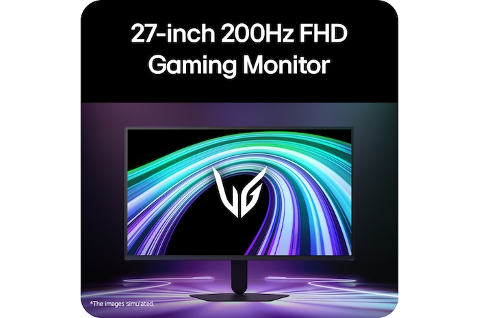 Front view of a gaming monitor displayed in a futuristic, neon-styled environment.