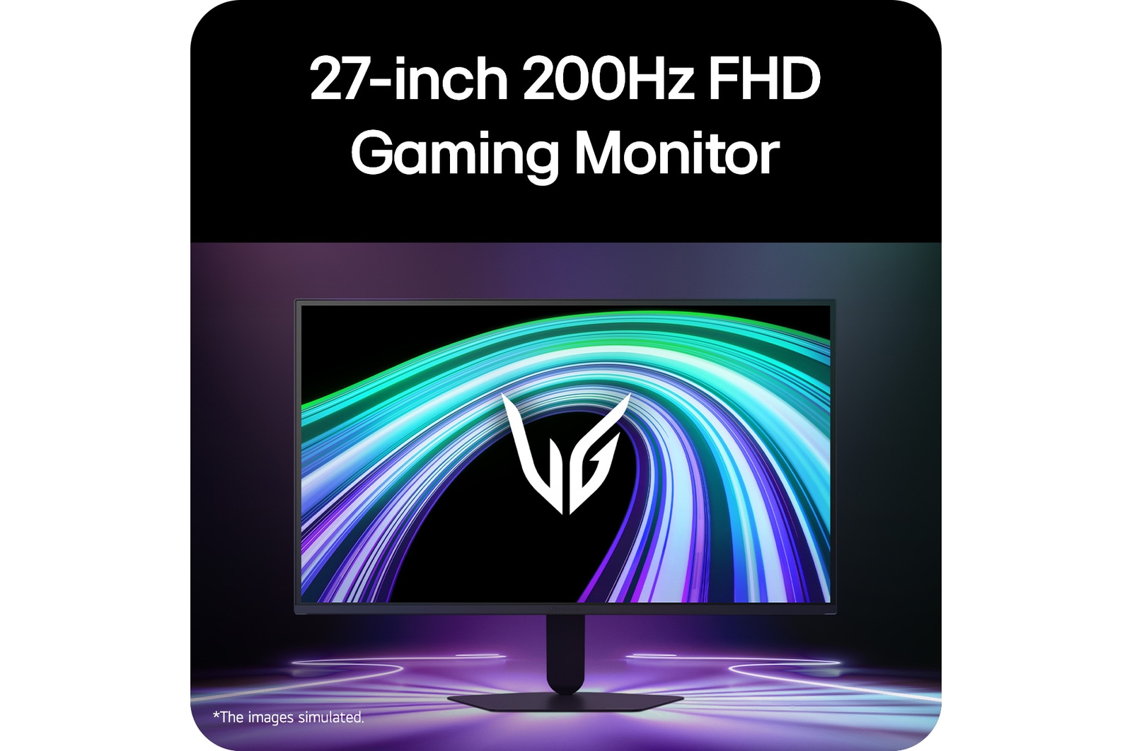 Front view of a gaming monitor displayed in a futuristic, neon-styled environment.