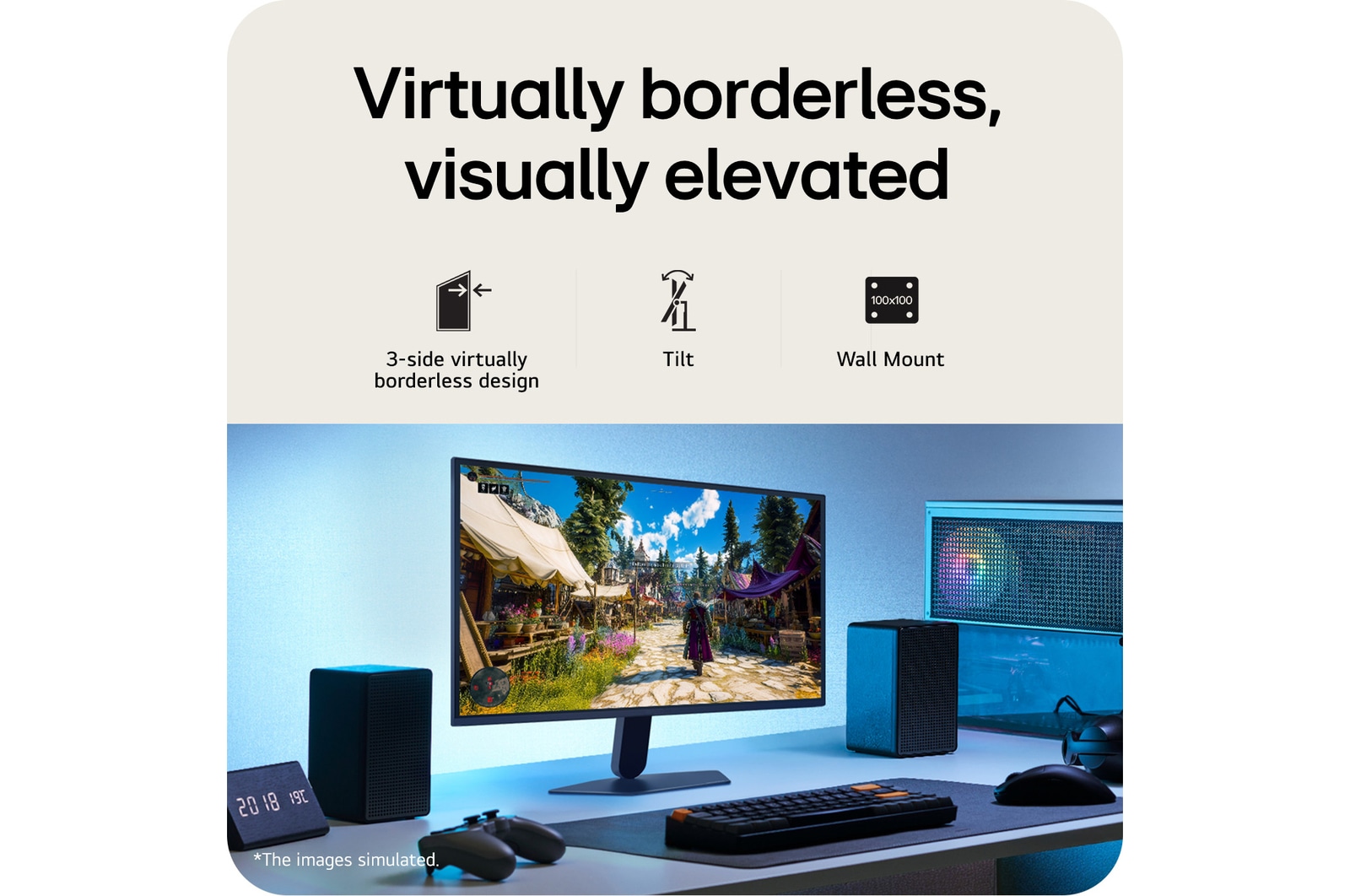 This image shows an UltraGear™ gaming monitor in a desk setup displaying a game scene, with icons indicating 3-side borderless design, height adjustment, tilt support, and wall mount compatibility.