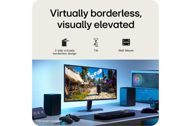 This image shows an UltraGear™ gaming monitor in a desk setup displaying a game scene, with icons indicating 3-side borderless design, height adjustment, tilt support, and wall mount compatibility.