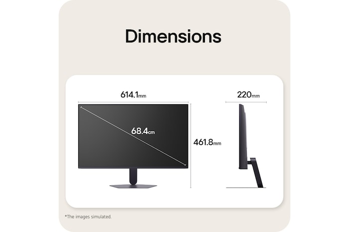 Front and side views of a gaming monitor illustrating its overall dimensions and profile design.