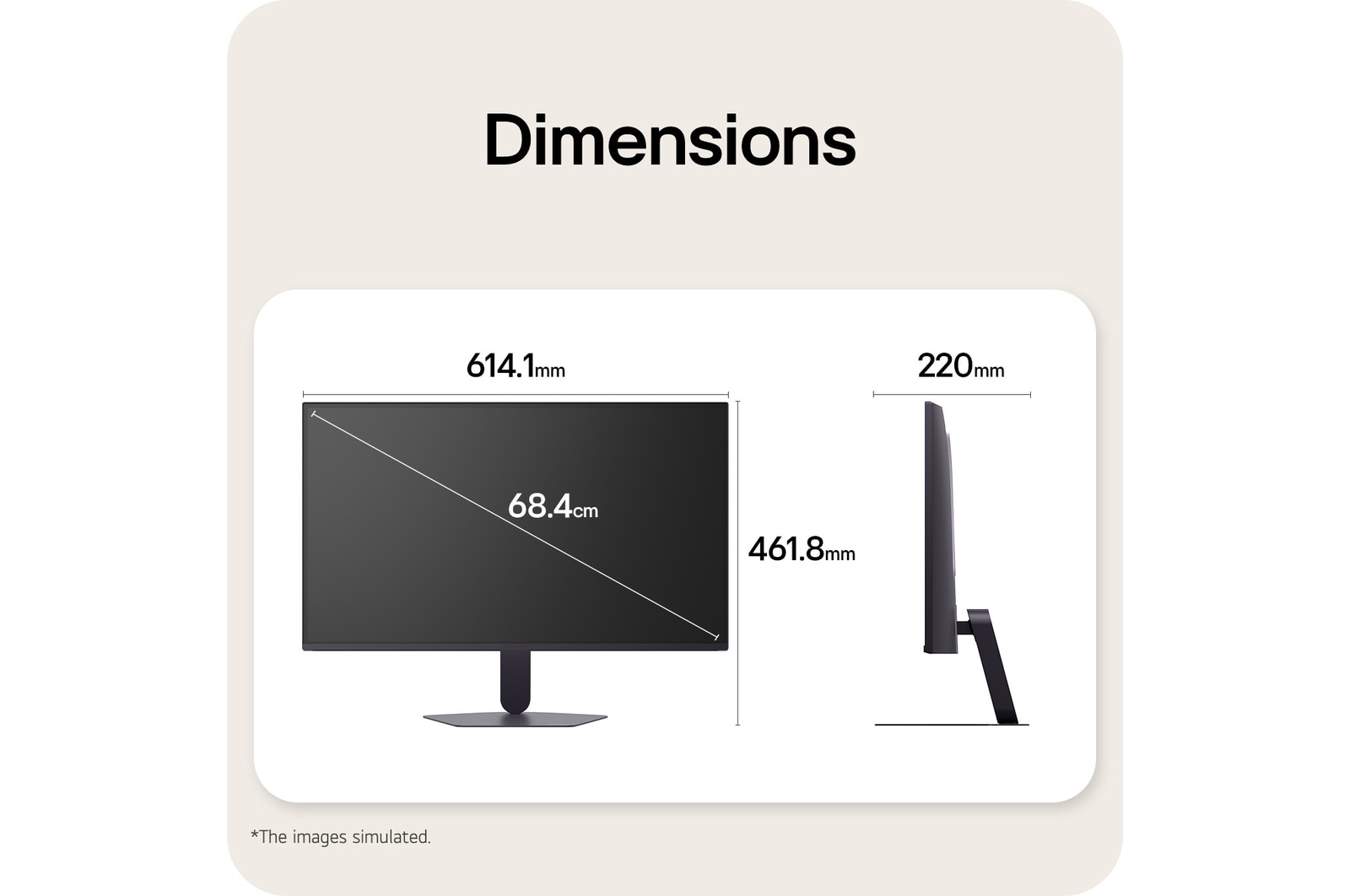 Front and side views of a gaming monitor illustrating its overall dimensions and profile design.